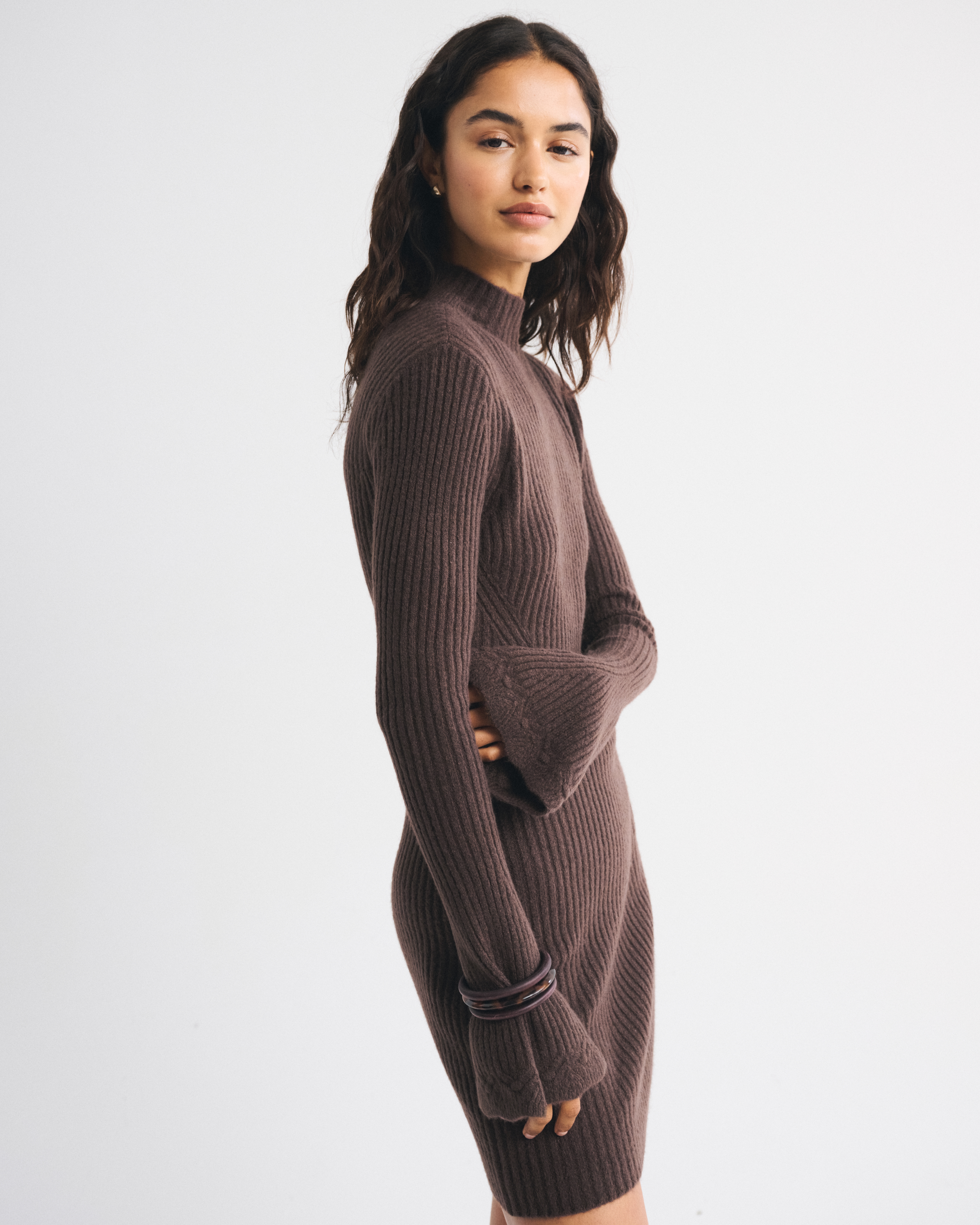 Abercrombie & Fitch Mockneck Ribbed Mini Sweater Dress In Brown