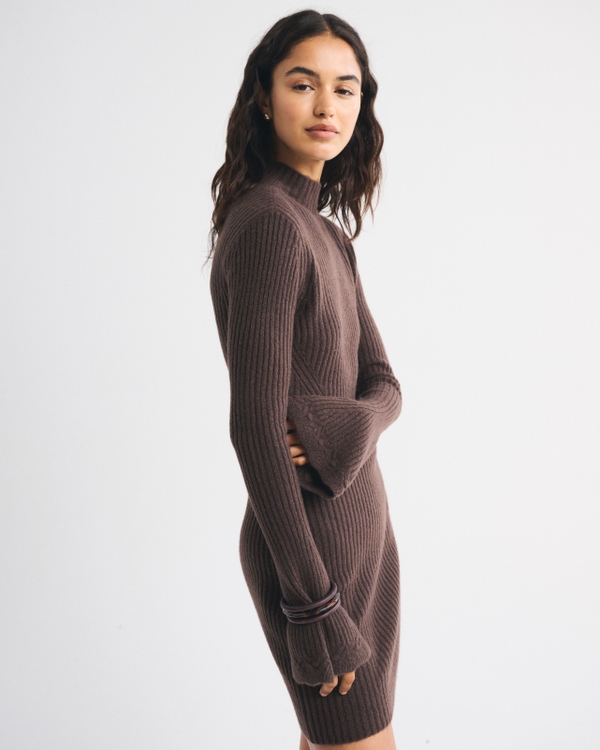 abercrombie mini sweater dress Women's Mockneck Ribbed Mini Sweater Dress in Dark Coffee | Size L