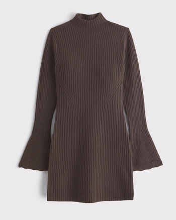 Women's Mockneck Ribbed Mini Sweater Dress in Dark Coffee | Size L | Abercrombie & Fitch