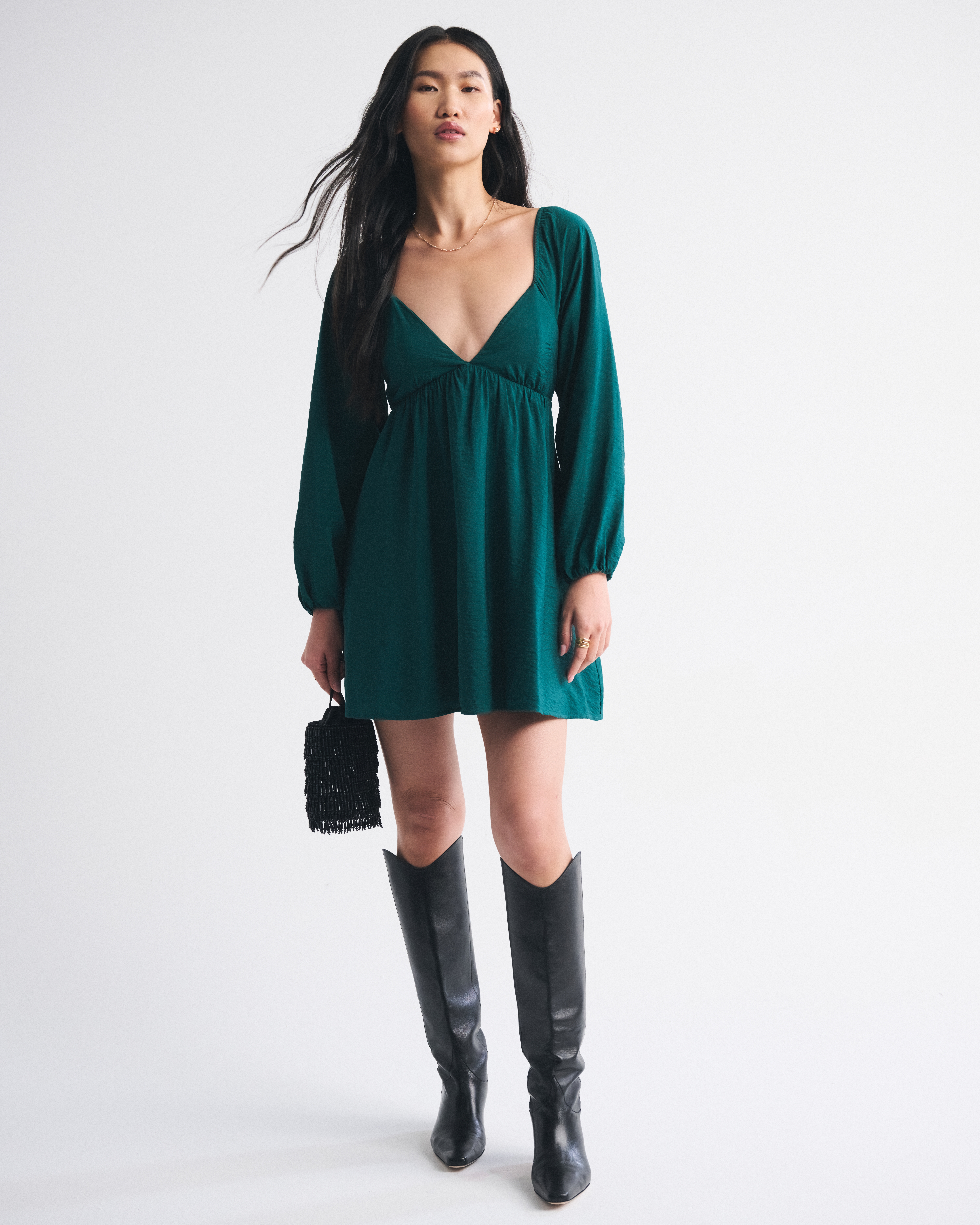 Abercrombie & Fitch Bra-free Clasp-back Flowy Mini Dress In Green