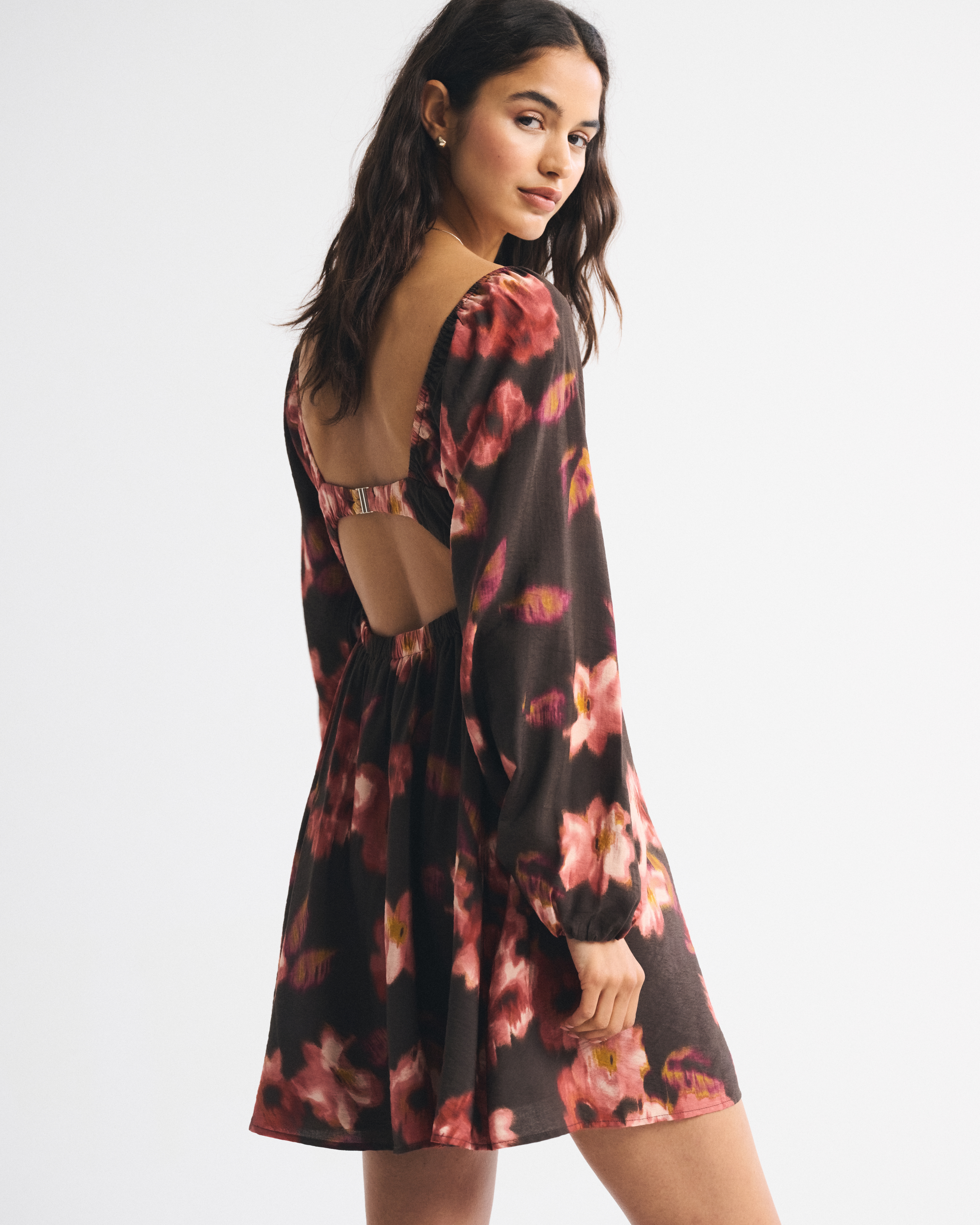 Abercrombie & Fitch Bra-free Clasp-back Flowy Mini Dress In Brown