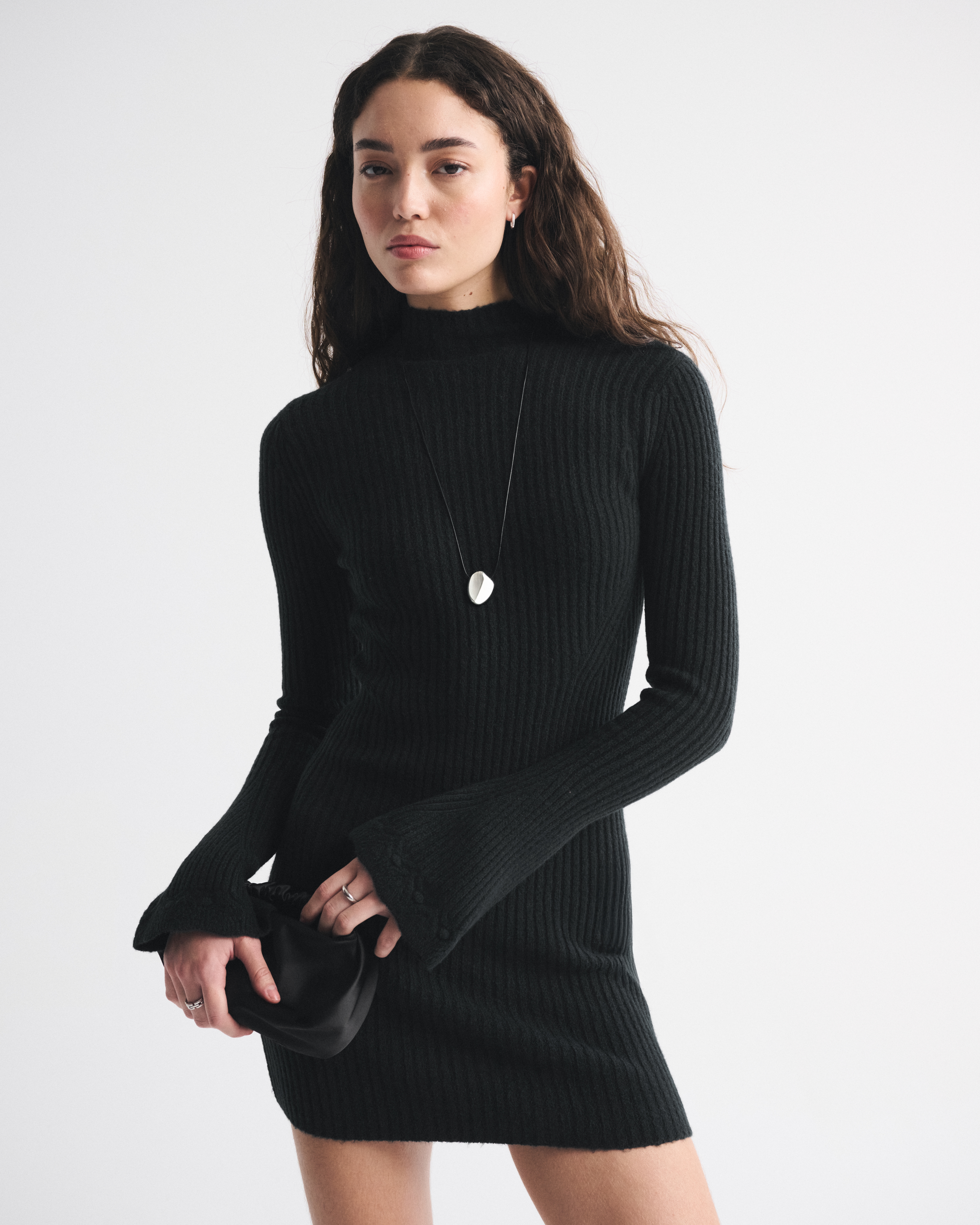 Abercrombie & Fitch Mockneck Ribbed Mini Sweater Dress In Black