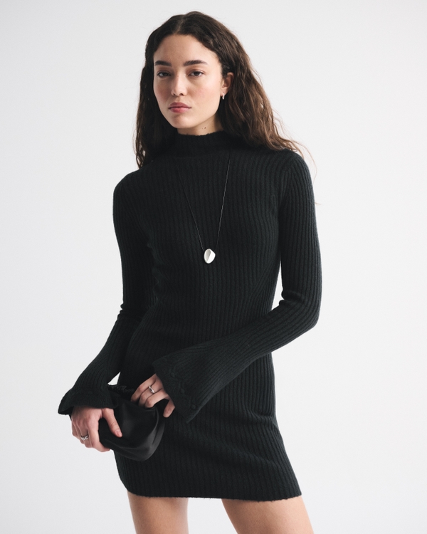 Mockneck Ribbed Mini Sweater Dress, Black view 1