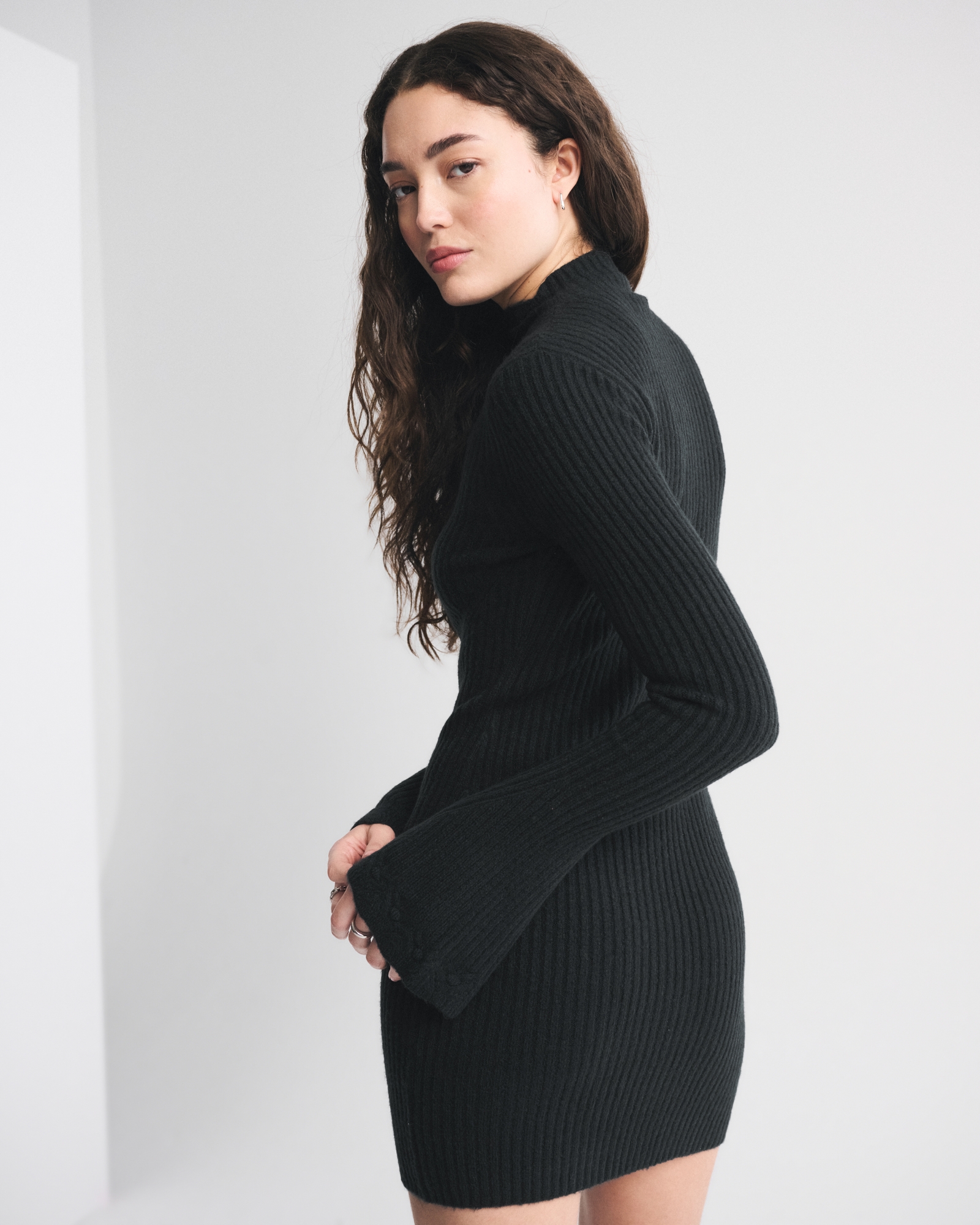 Mockneck Ribbed Mini Sweater Dress
