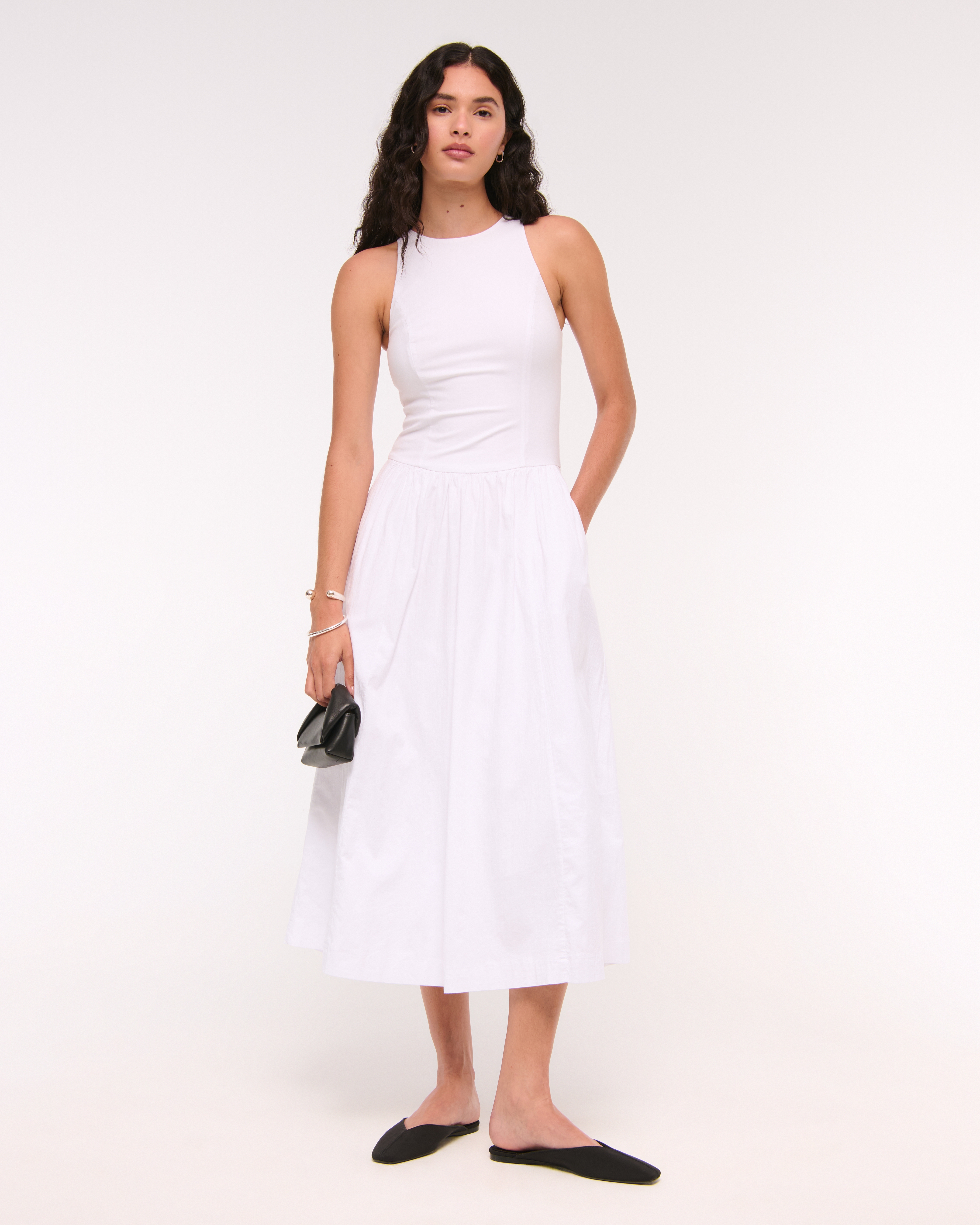 Abercrombie & Fitch High-neck Drop-waist Midi Dress In White