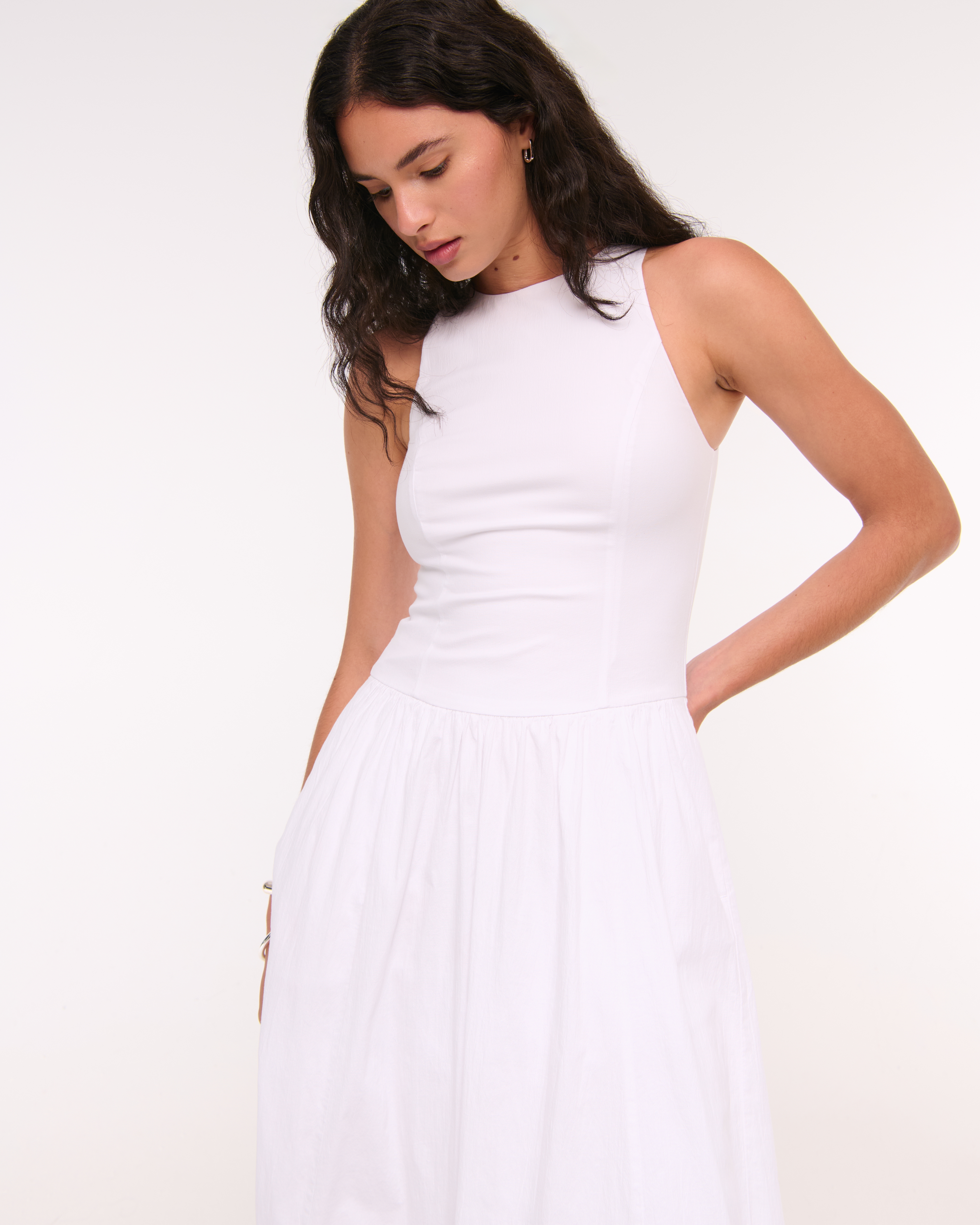 Abercrombie & Fitch High-neck Drop-waist Midi Dress In White