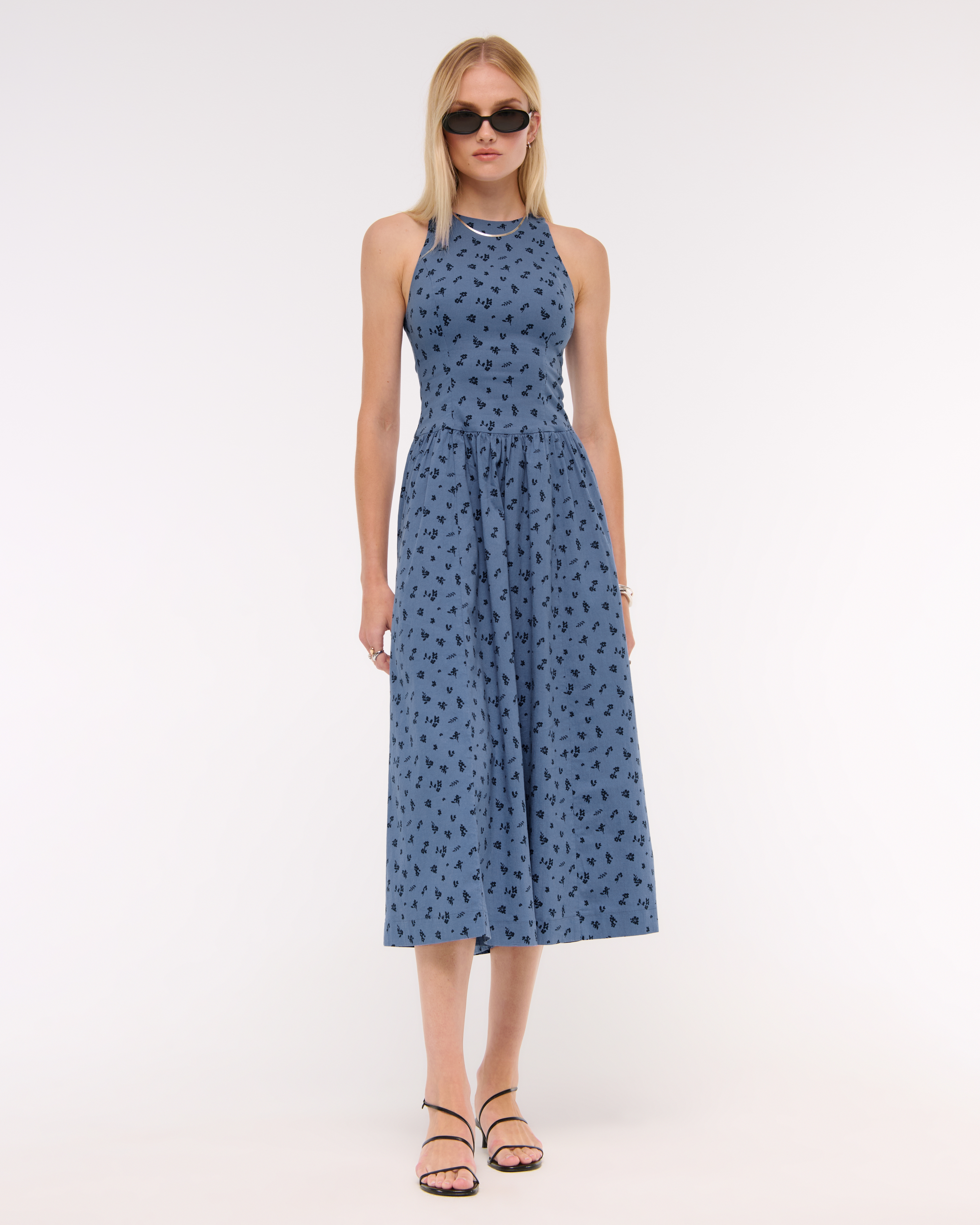 Abercrombie & Fitch High-neck Drop-waist Midi Dress In Blue