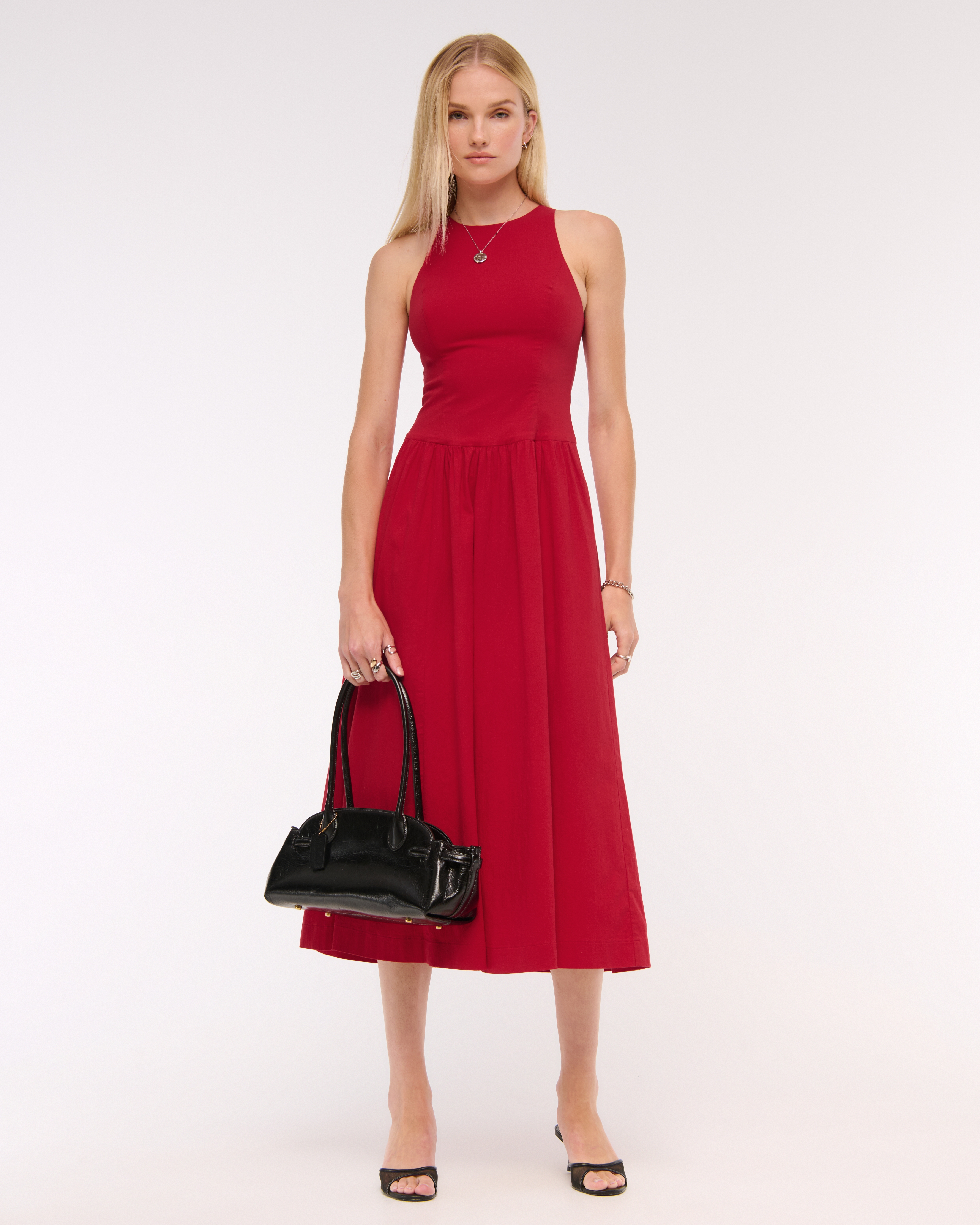 Abercrombie & Fitch High-neck Drop-waist Midi Dress In Red