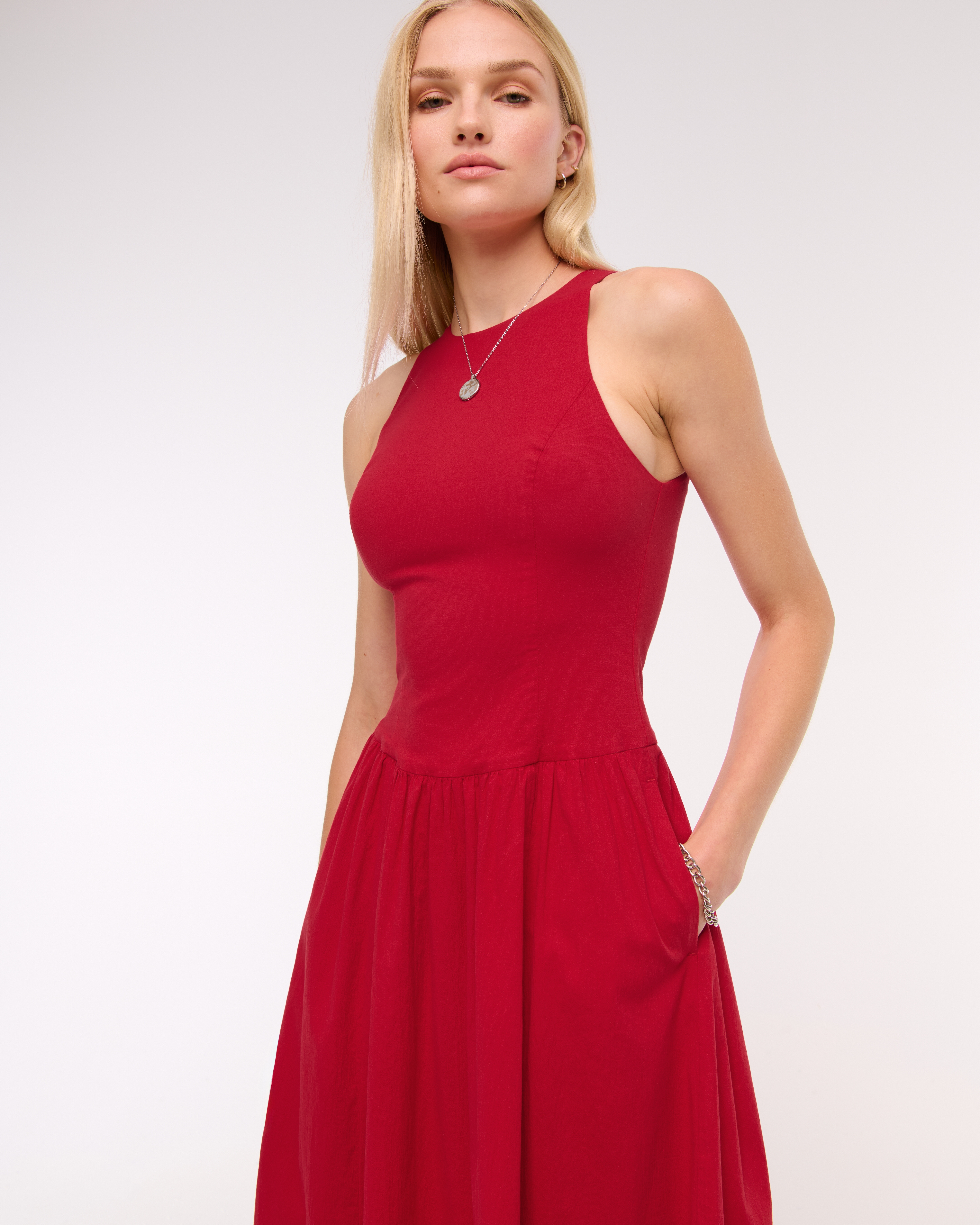 Abercrombie & Fitch High-neck Drop-waist Midi Dress In Red