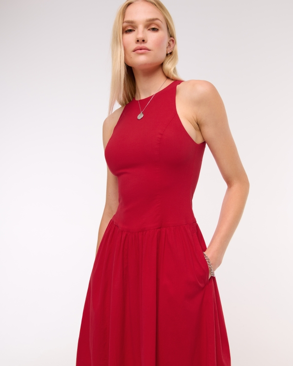 High-Neck Drop-Waist Midi Dress