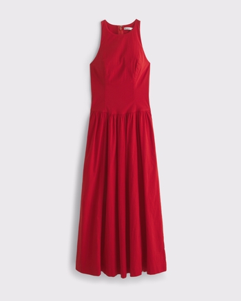 High-Neck Drop-Waist Midi Dress