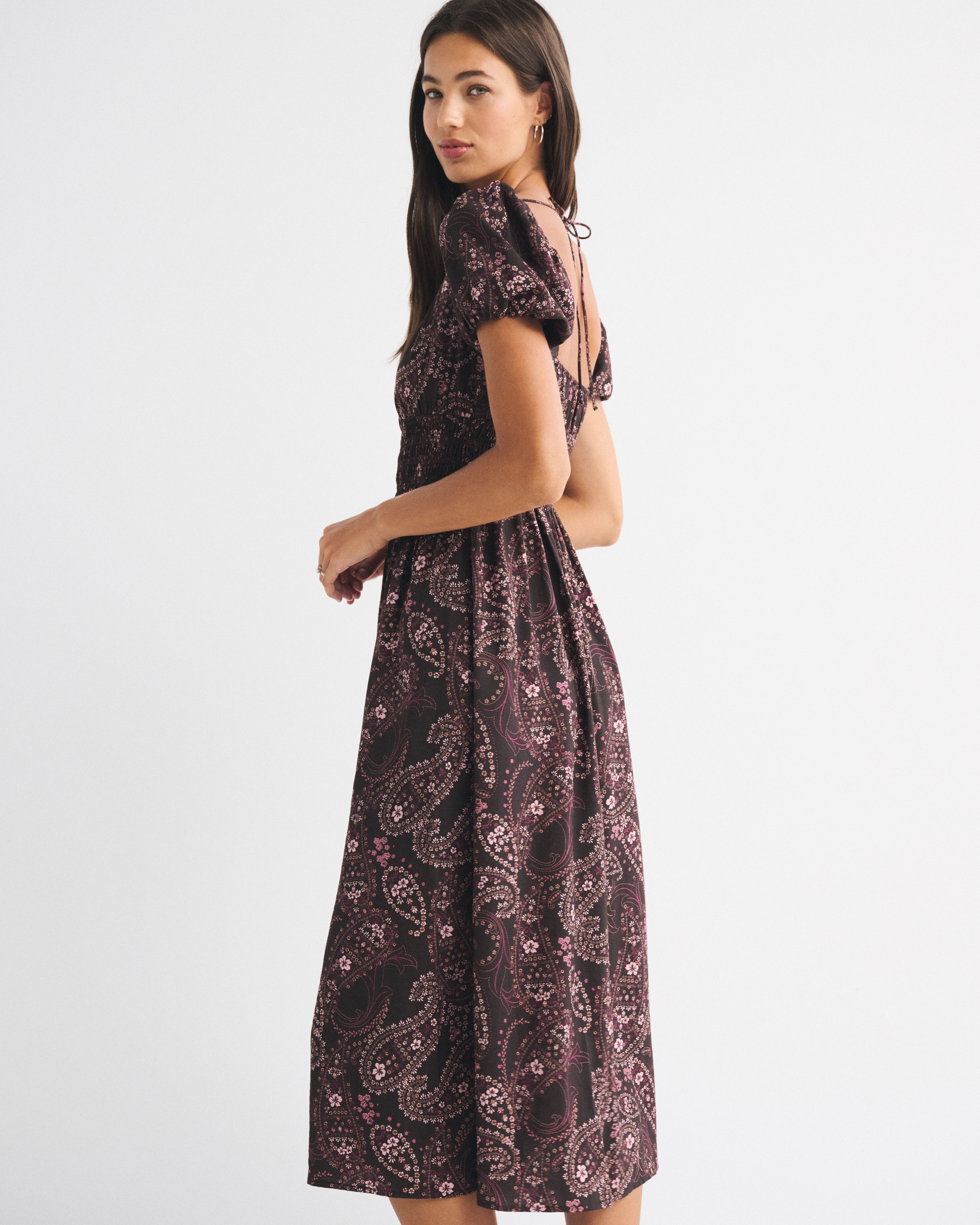 Abercrombie & Fitch Puff Sleeve Smocked Waist Midi Dress In Brown