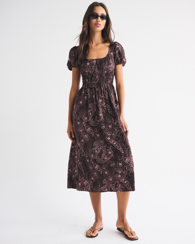 Puff Sleeve Smocked Waist Midi Dress