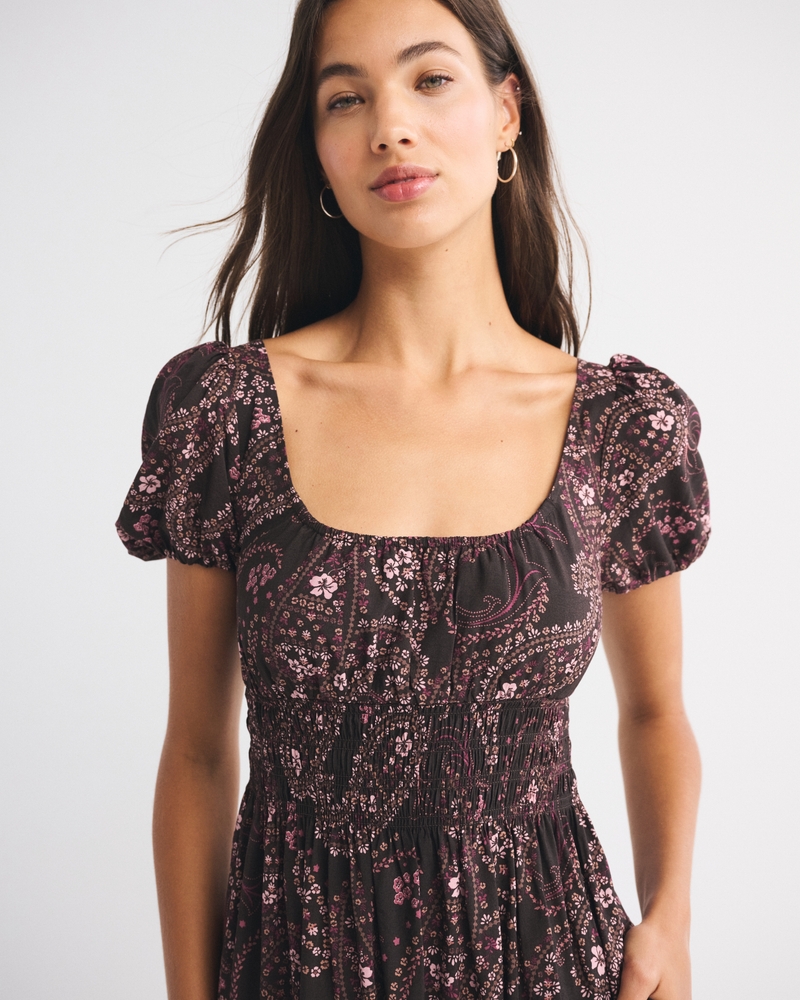 Puff Sleeve Smocked Waist Midi Dress