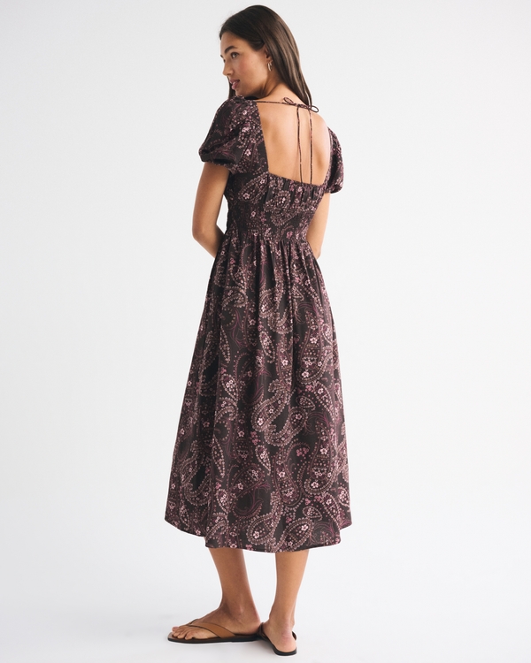 Puff Sleeve Smocked Waist Midi Dress