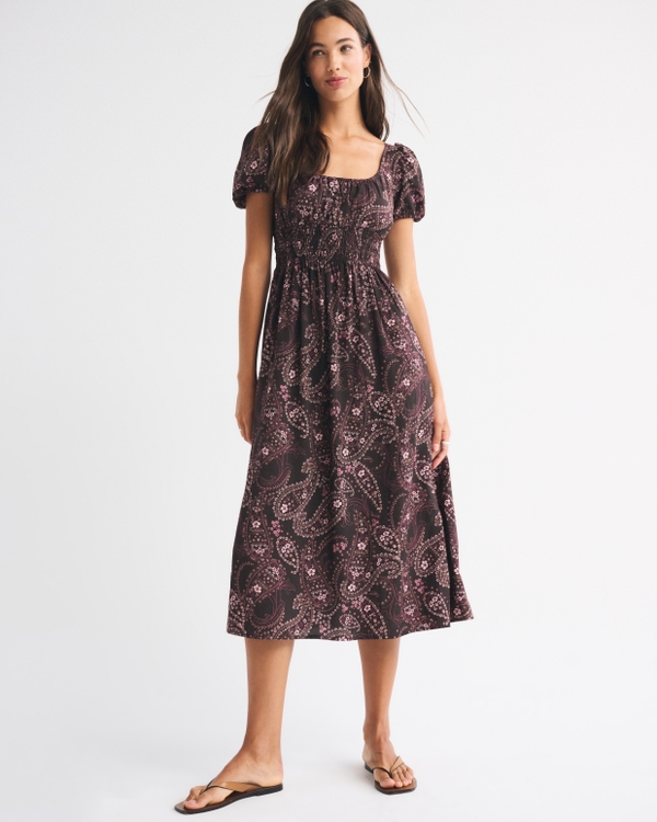 Puff Sleeve Smocked Waist Midi Dress