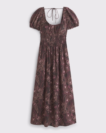 Puff Sleeve Smocked Waist Midi Dress