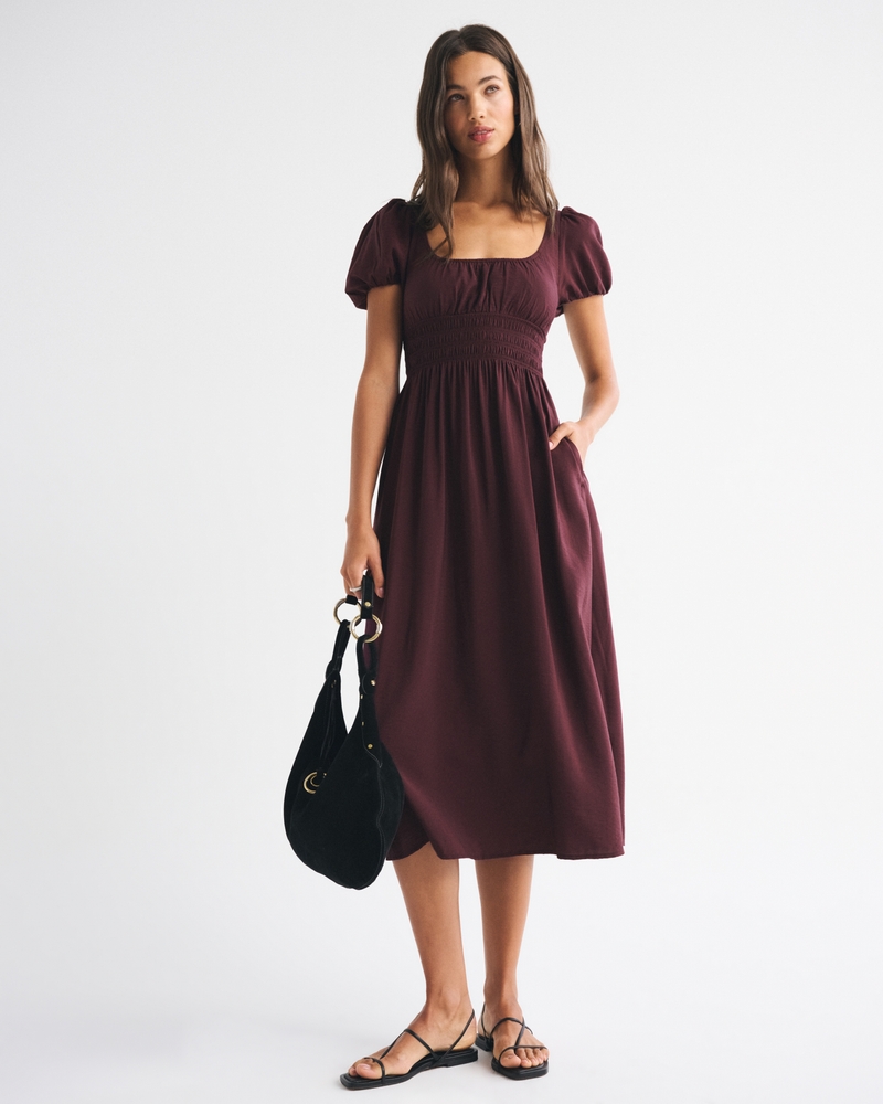 Puff Sleeve Smocked Waist Midi Dress