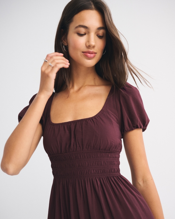 Puff Sleeve Smocked Waist Midi Dress
