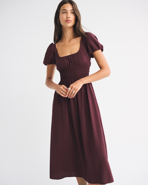 Puff Sleeve Smocked Waist Midi Dress