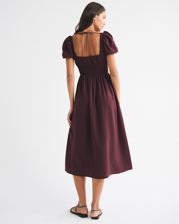 Puff Sleeve Smocked Waist Midi Dress