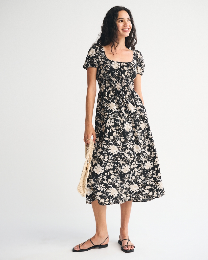 Puff Sleeve Smocked Waist Midi Dress