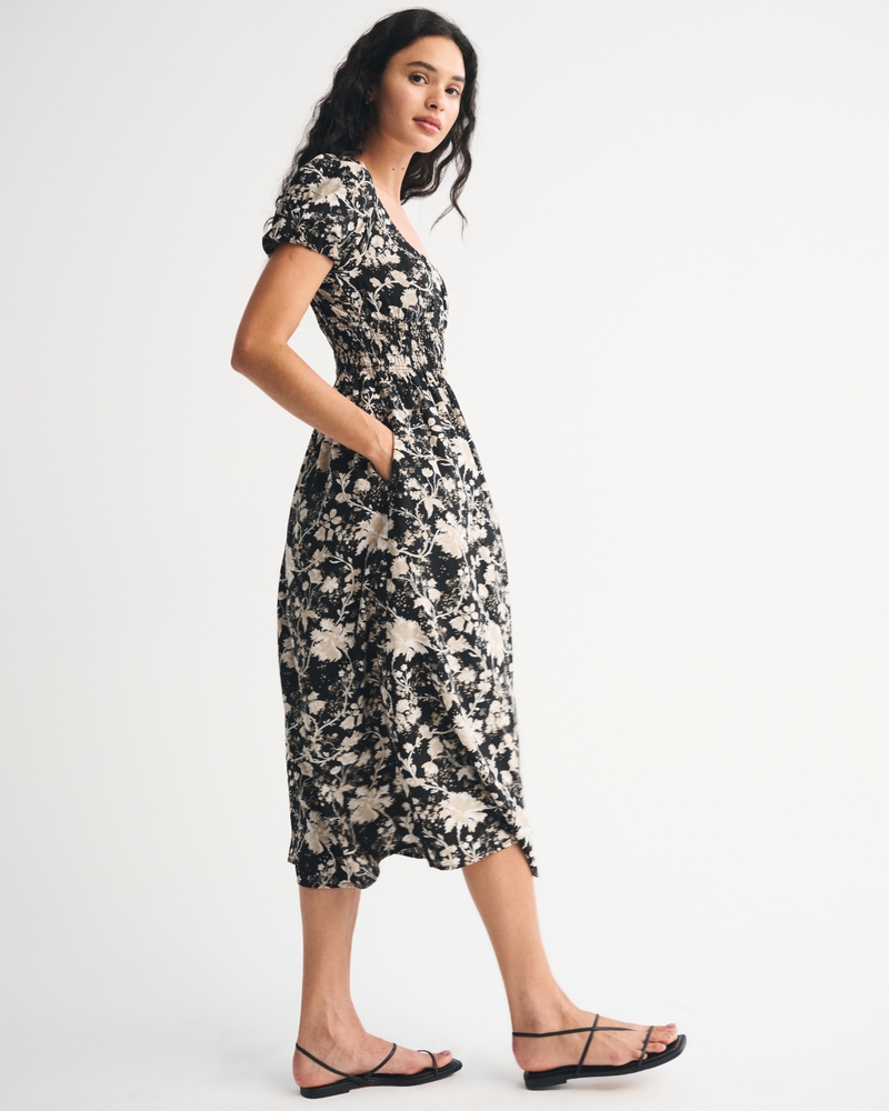 Puff Sleeve Smocked Waist Midi Dress