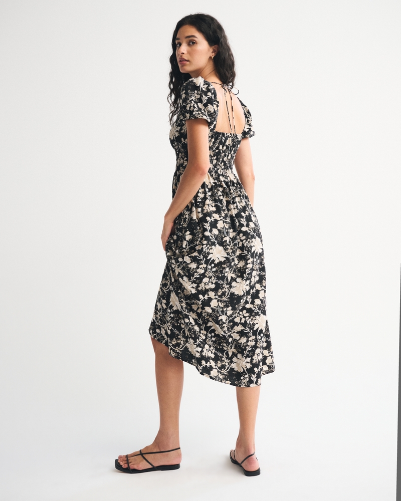 Puff Sleeve Smocked Waist Midi Dress