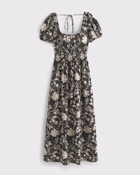 Puff Sleeve Smocked Waist Midi Dress