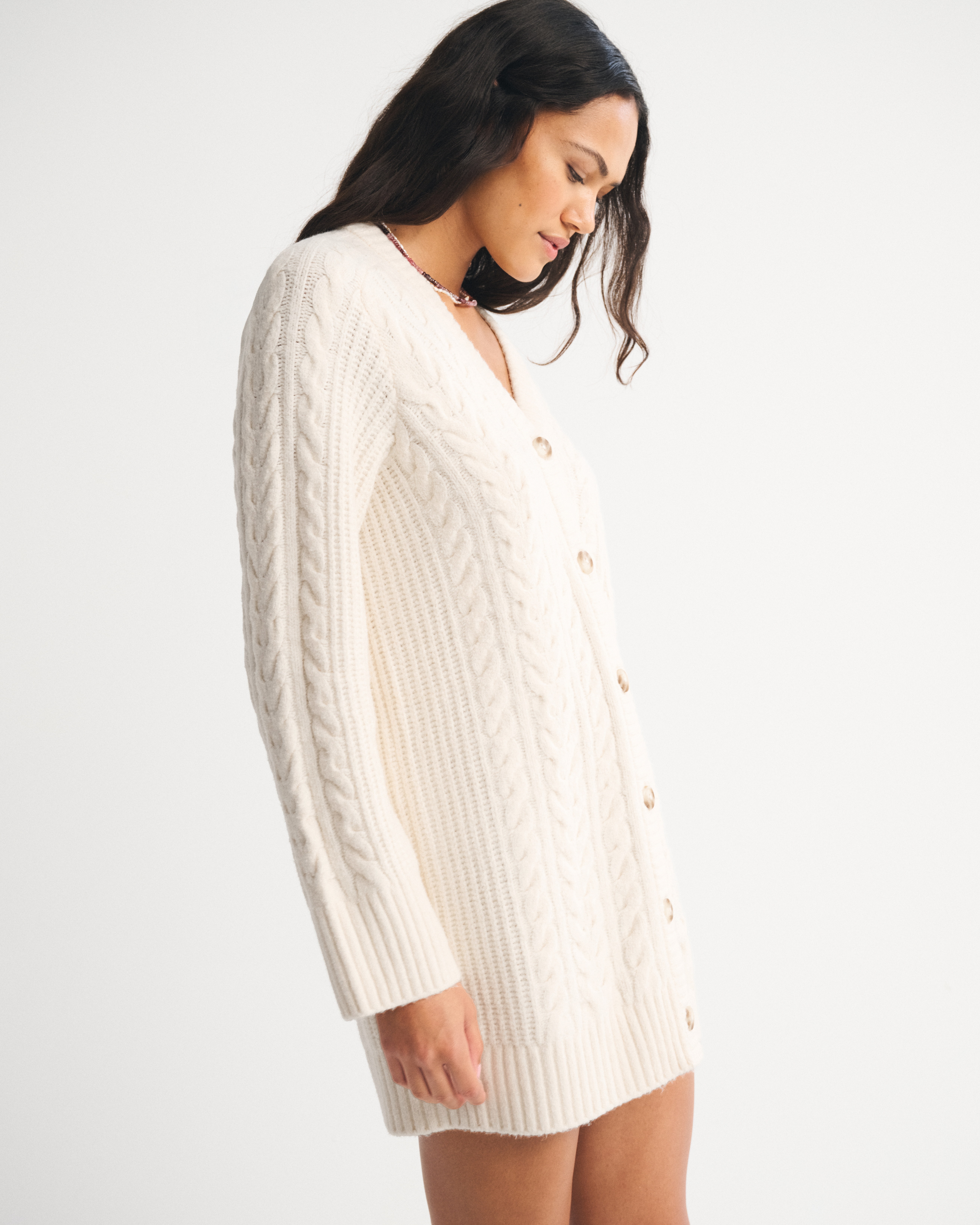 Abercrombie & Fitch Long-sleeve Cardigan Mini Sweater Dress In White