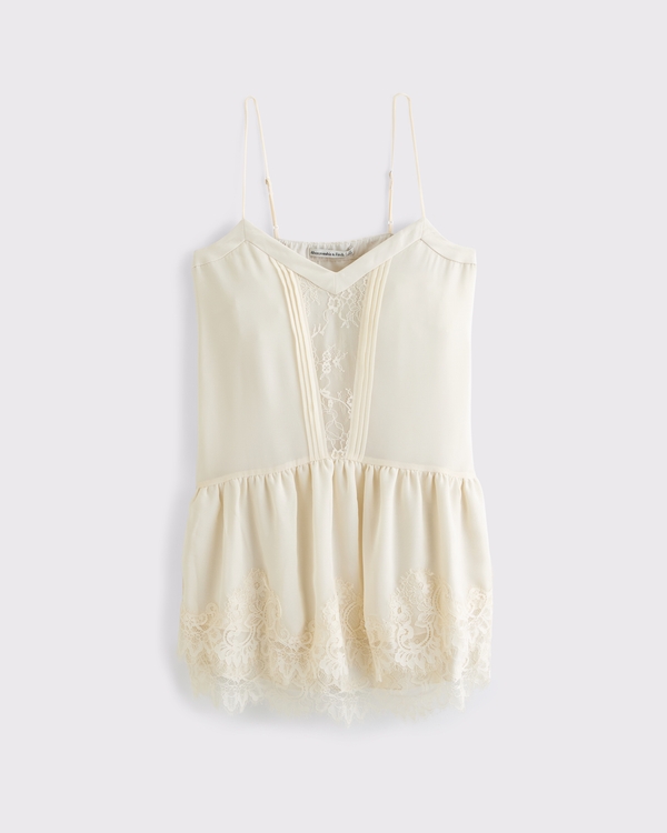 Minivestido de encaje con volantes y cuello en V, Crema view 1