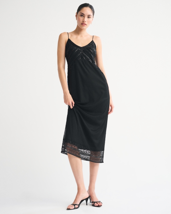 Tie-Back Beaded Slip Midi Dress