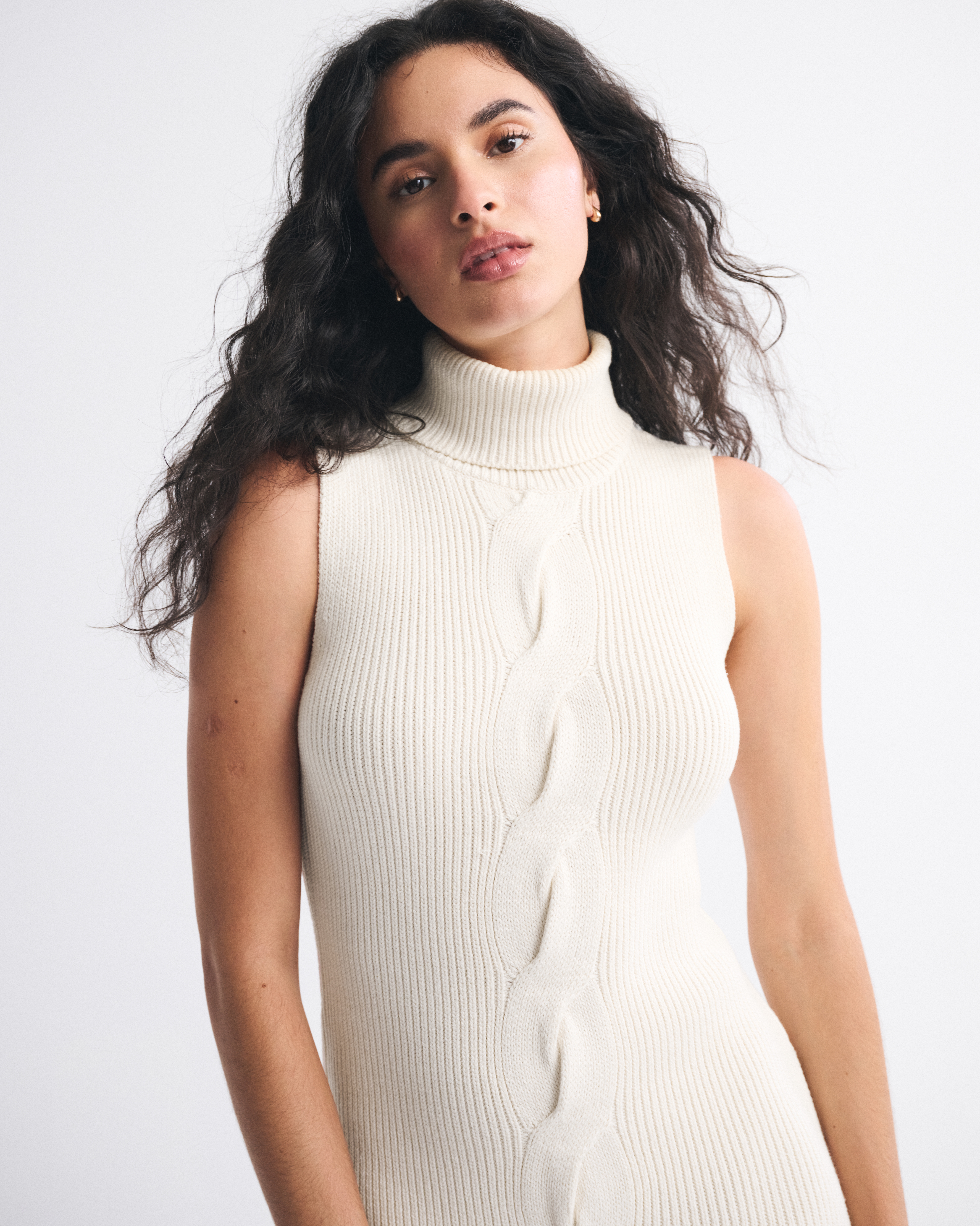 Abercrombie & Fitch Turtleneck Cable Midi Sweaterdress In White