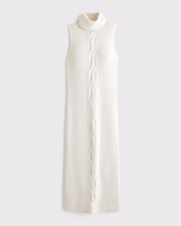 Women's Turtleneck Cable Midi Sweaterdress in Cream | Size XXS | Abercrombie & Fitch