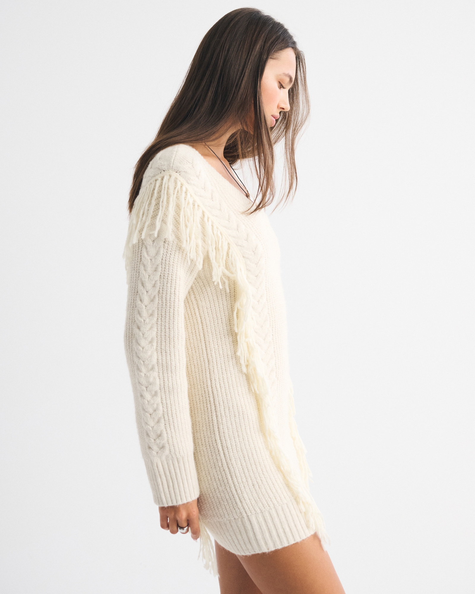 V-Neck Fringe Mini Sweater Dress