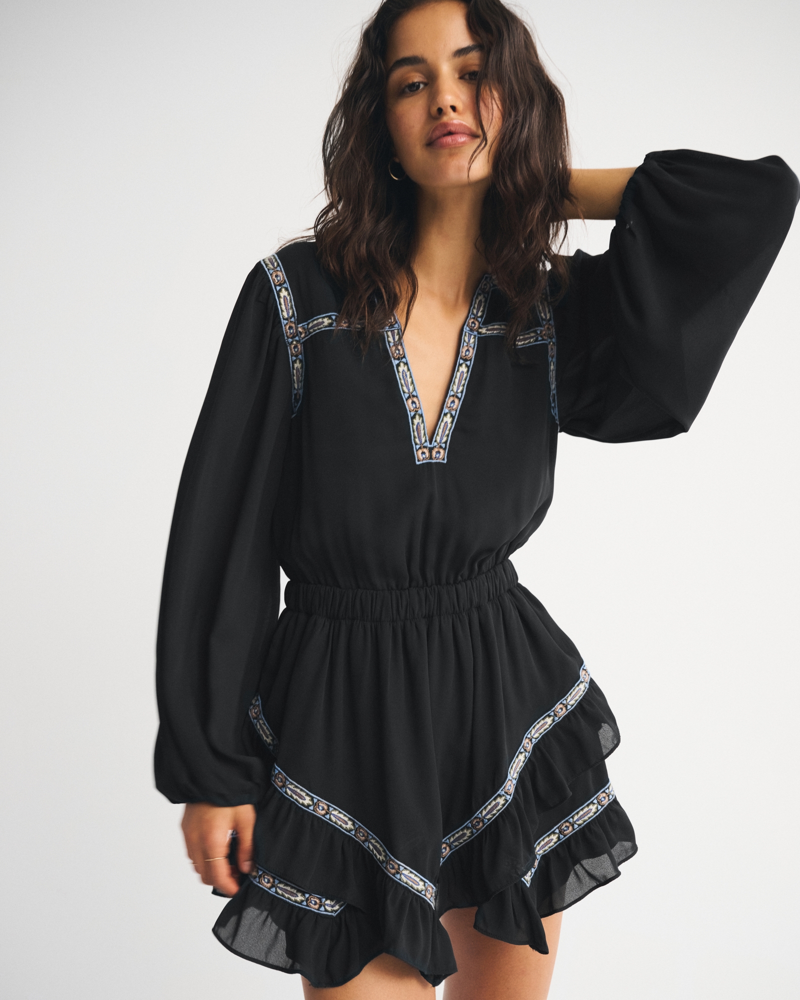 Long-Sleeve Easy Waist Ruffle Mini Dress