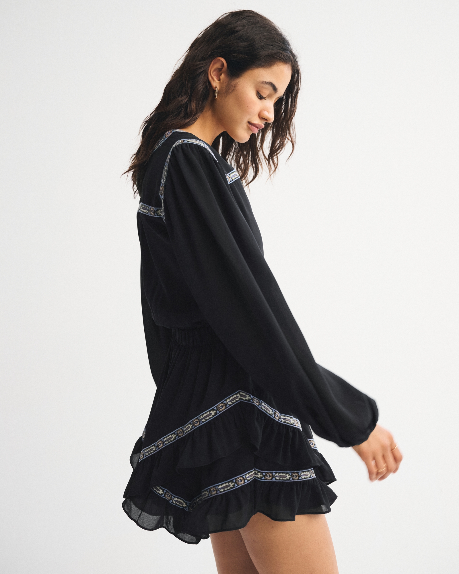 Long-Sleeve Easy Waist Ruffle Mini Dress