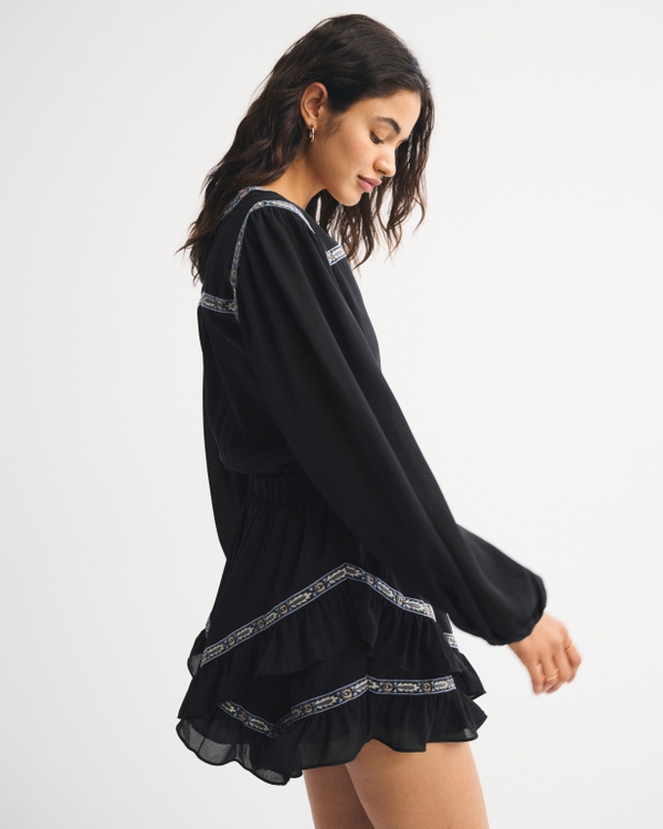 Long-Sleeve Easy Waist Ruffle Mini Dress