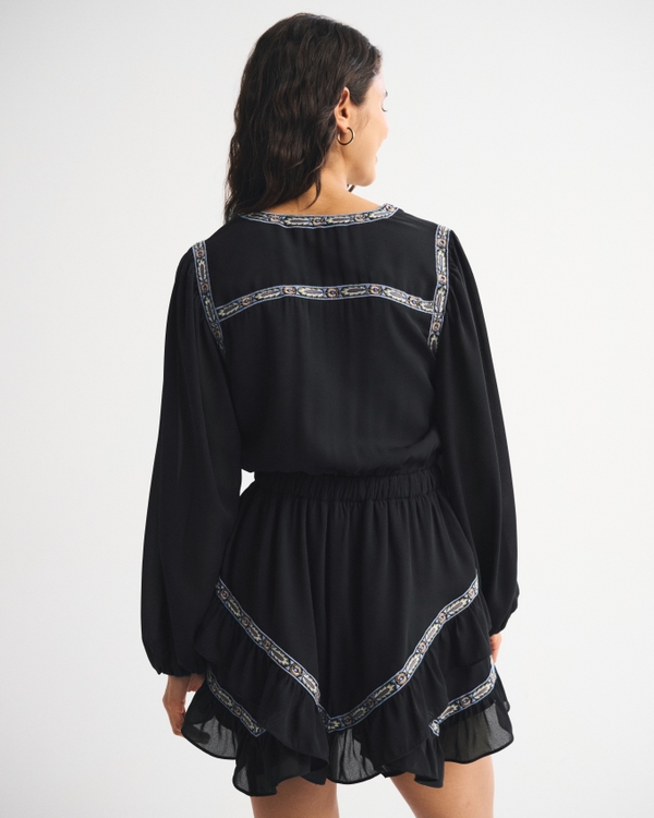 Long-Sleeve Easy Waist Ruffle Mini Dress