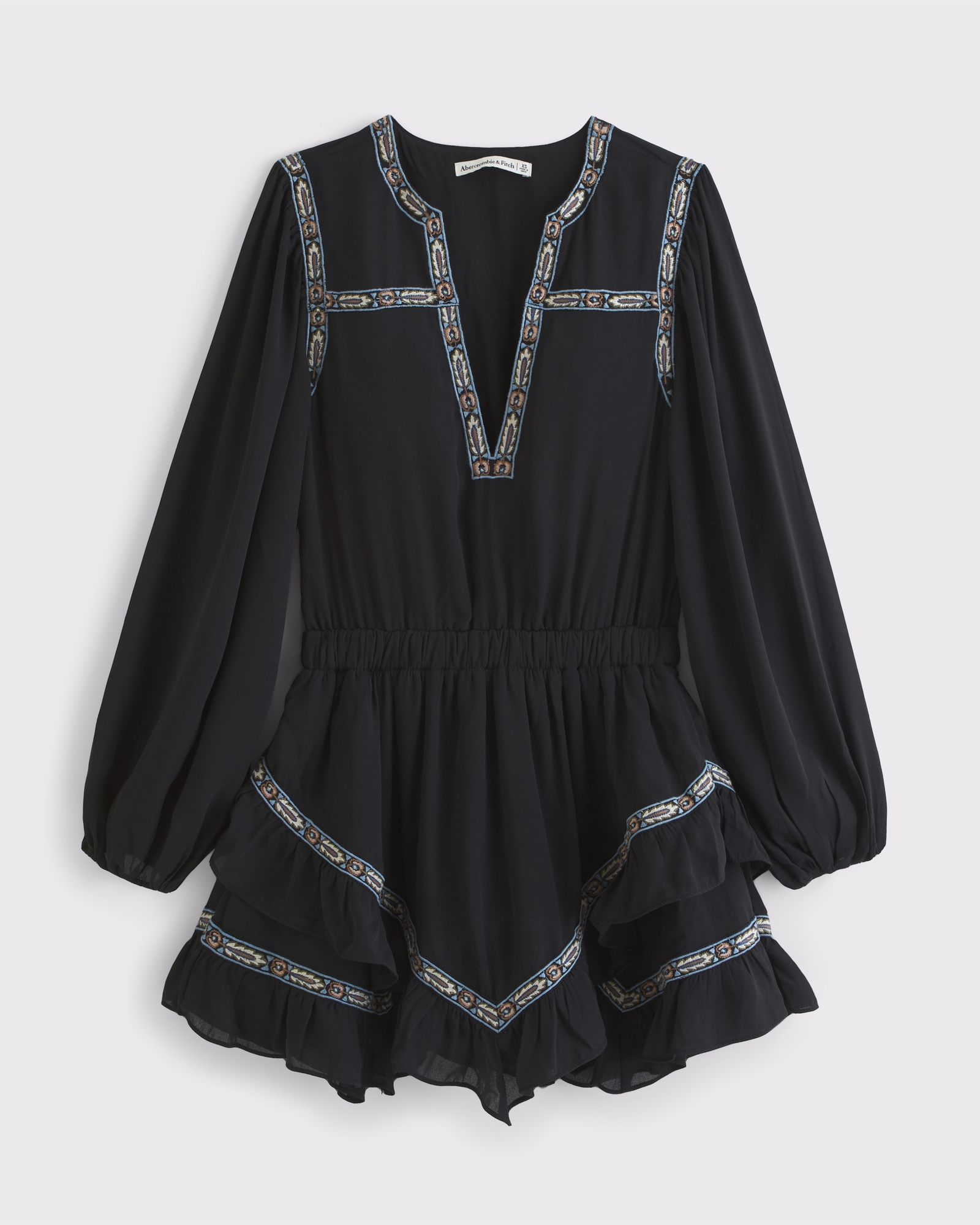 Long-Sleeve Easy Waist Ruffle Mini Dress