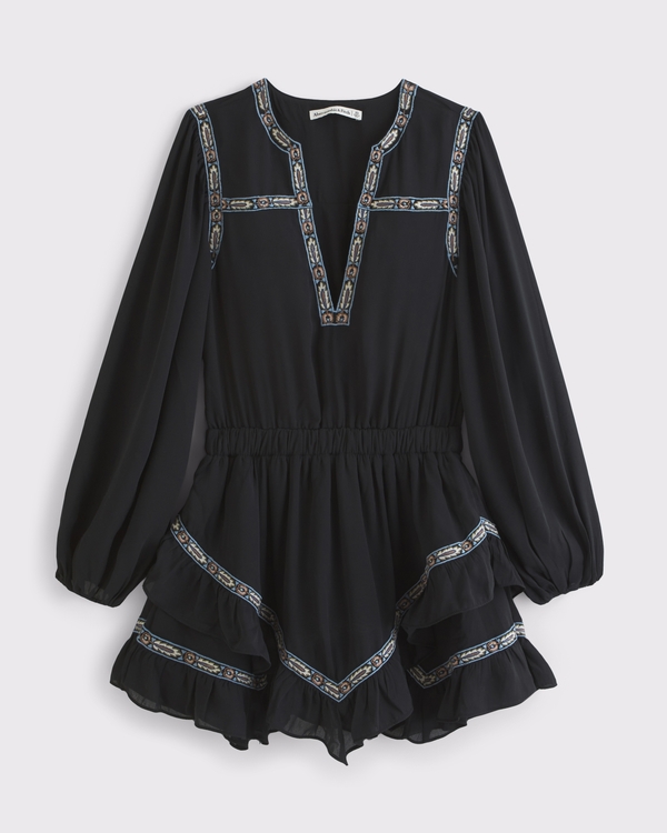 Long-Sleeve Easy Waist Ruffle Mini Dress