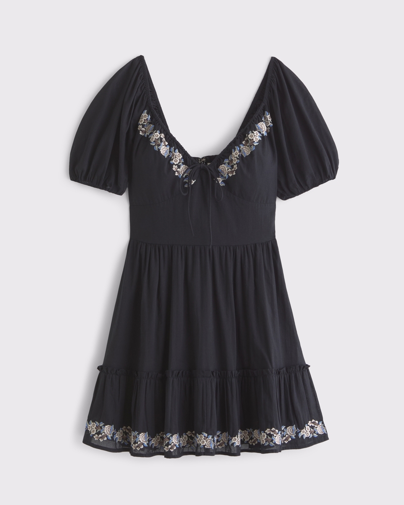 abercrombie black puff sleeve dress Abercrombie & Fitch Abercrombie & Fitch Women's Ruched Puff Sleeve Poplin  Midi Dress | Women's Clearance