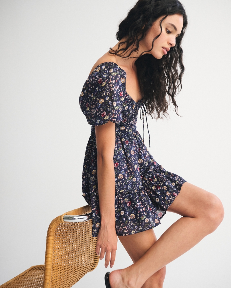 knee length dresses for ladies Field Dreams Puff Sleeve Tie-Up Bodice Floral Embroidery Mini Dress White