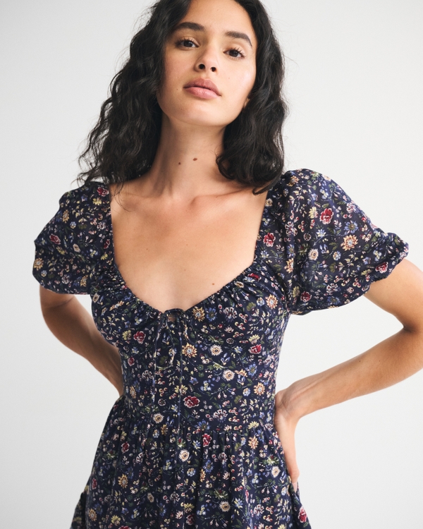 Puff Sleeve Tie-Front Mini Dress