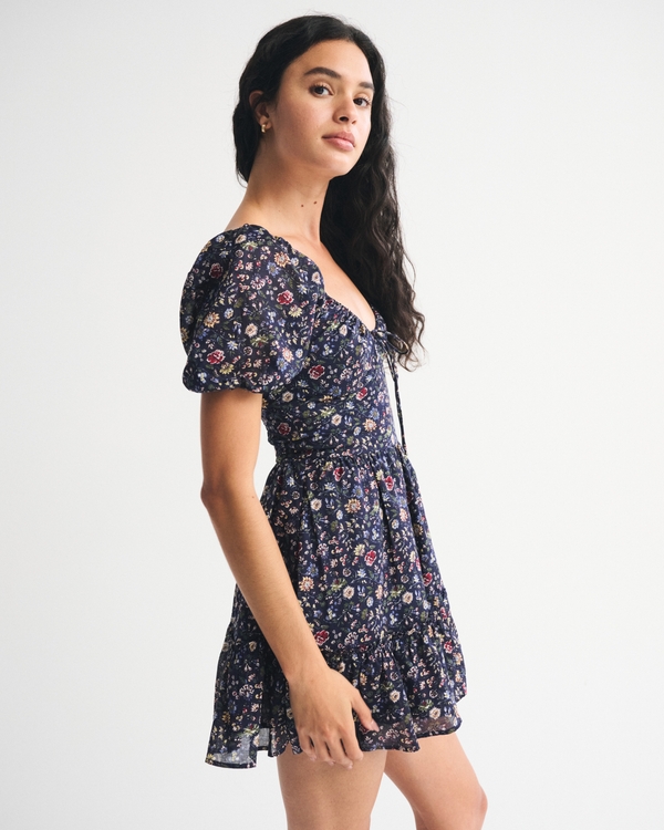 Puff Sleeve Tie-Front Mini Dress