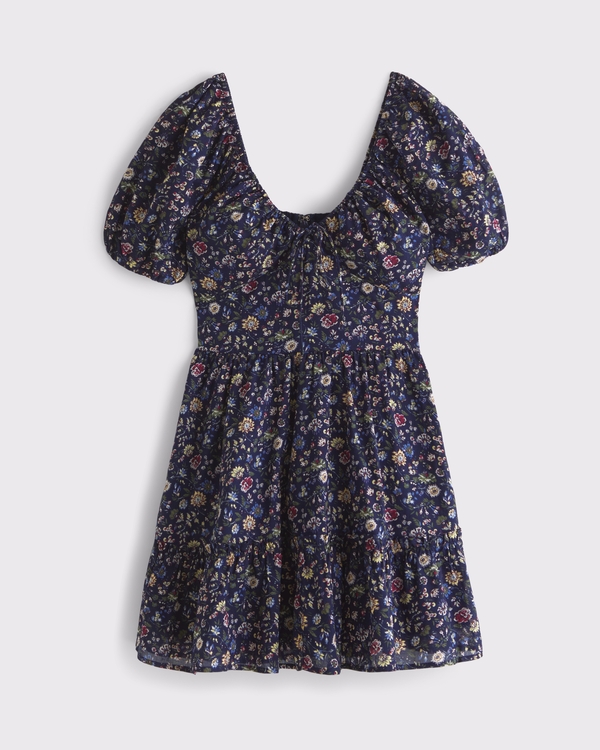 Puff Sleeve Tie-Front Mini Dress, Navy Floral view 1