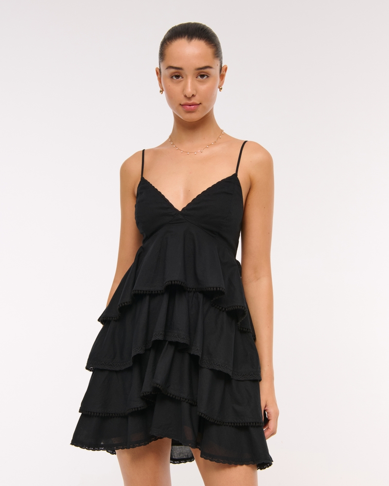 black ruffled mini dress Black Ruffle Short Sleeve V Neck Mini Dress