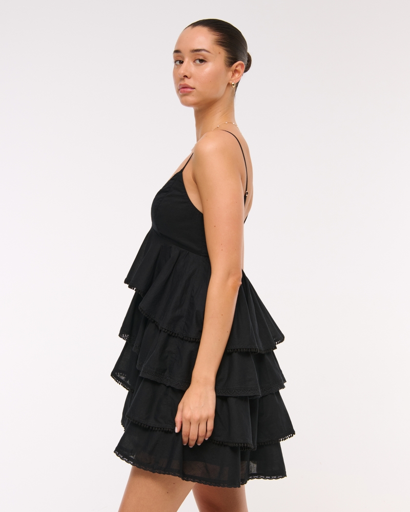 Women's V-Neck Ruffle Tiered Mini Dress in Black | Size S Tall | Abercrombie & Fitch