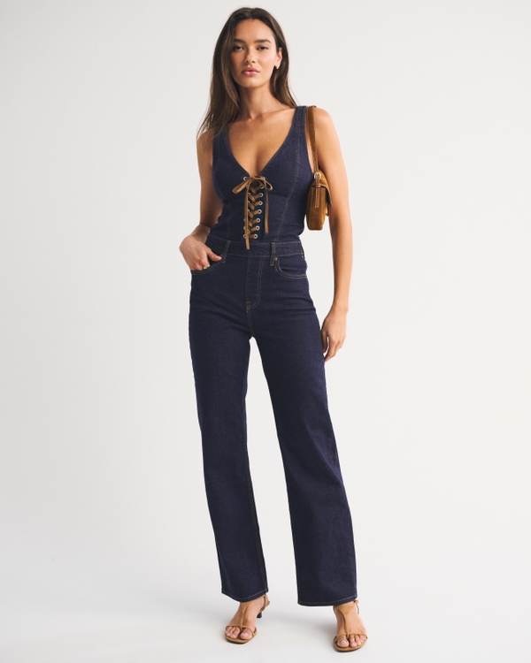 Vegan Suede Lace-Up Denim Jumpsuit, Dark Wash view 1