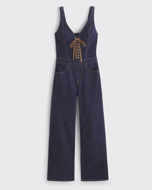 Vegan Suede Lace-Up Denim Jumpsuit, Dark Wash view 1